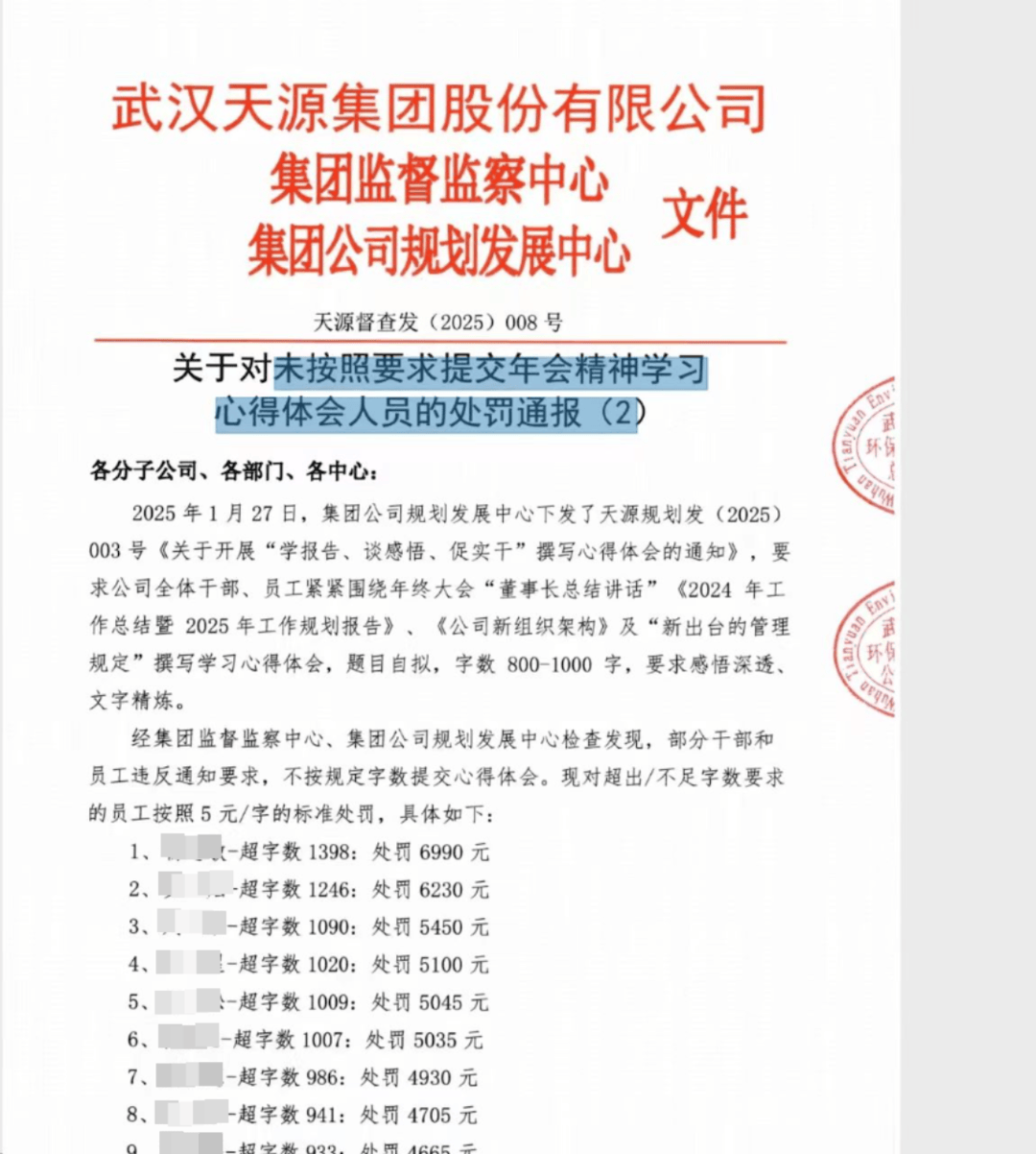 武汉一公司381人因心得体会超字数被罚款 劳动监察：若罚款会依法处理
