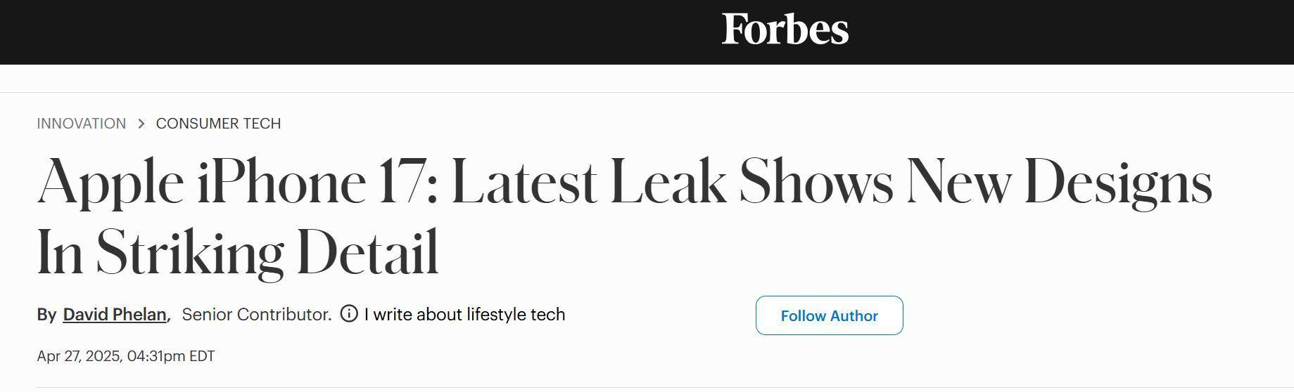 外媒： iPhone 17 Air将成苹果公司的“中端新贵产品”
