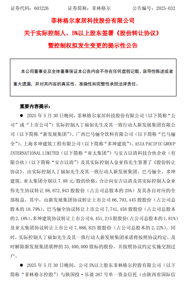 菲林格尔易主、帝欧停牌、亚振换帅：三大上市企业控股权集中生变